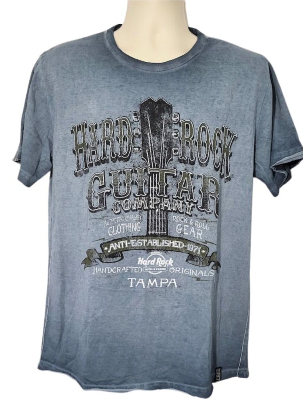 HARD ROCK GUITAR COMPANY Blue Pigment Wash Headstock Graphic Tee - Men's L